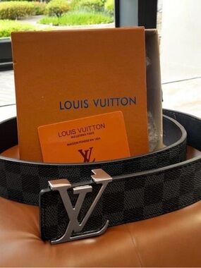 Louis Vuitton Black Damier Graphite Leather Belt with Silver LV Buckle